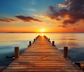 Wooden pier on the beach at sunset