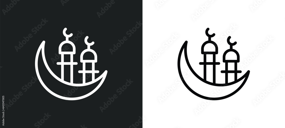 Poster mosque and moon icon isolated in white and black colors. mosque and moon outline vector icon from ot