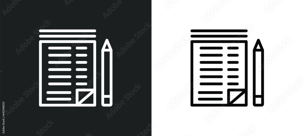 Poster paper list and a pencil icon isolated in white and black colors. paper list and a pencil outline vec