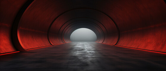 An empty concrete tunnel with red road pavement abstract background