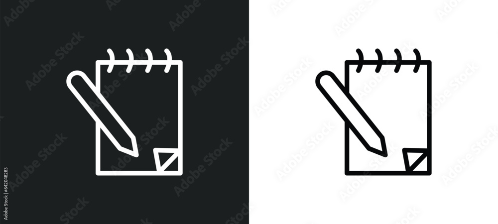 Poster notebook and pencil icon isolated in white and black colors. notebook and pencil outline vector icon