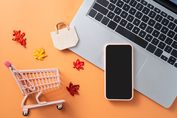 Autumn online shopping design concept background with shopping cart and laptop.