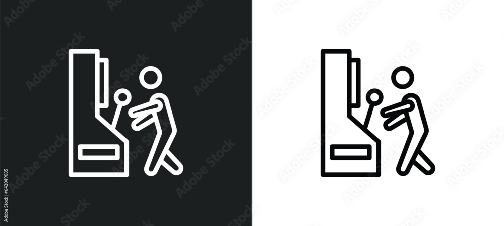 Poster people playing arcade game icon isolated in white and black colors. people playing arcade game outli