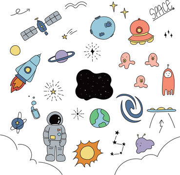 手描きの可愛い宇宙のイラストセット