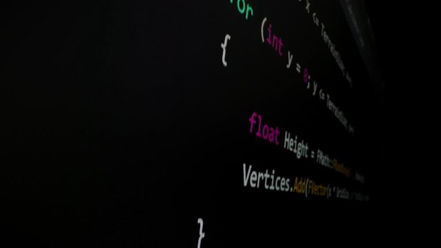 Closeup macro shot movement of coding script moving across LED screen with real-time AI-generated typing, showcasing advanced AI learning in optimization, debug and coding for software development.