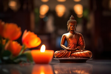 Buddha in meditation with burning candle A professional