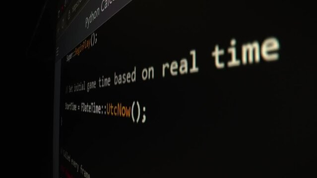 Closeup macro shot movement of coding script moving across LED screen with real-time AI-generated typing, showcasing advanced AI learning in optimization, debug and coding for software development.
