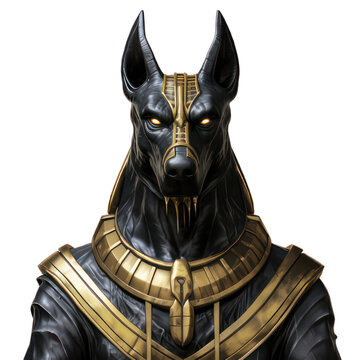 Black anubis statue with golden jewellry isolated on white created with Generative AI