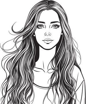 Vector Drawing Of A Girl With Beautiful Long Hair. The Illustration Is Black And White.