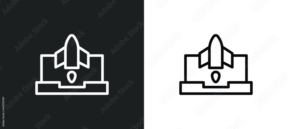 Poster startup laptop icon isolated in white and black colors. startup laptop outline vector icon from star