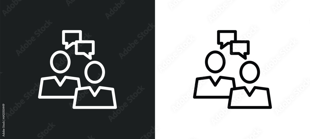 Poster discussion icon isolated in white and black colors. discussion outline vector icon from startup coll