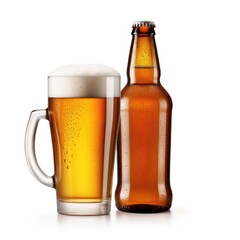 Beer bottle and mug isolated on white background