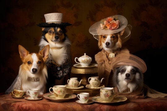 Family of dogs in royal outfits of the Victorian era. Fynny dogs. Dogs as Humans concept. Picture of Dogs Aristocrats