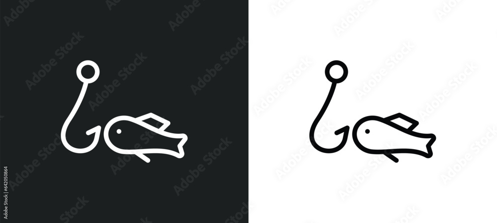 Poster fish and hook icon isolated in white and black colors. fish and hook outline vector icon from summer
