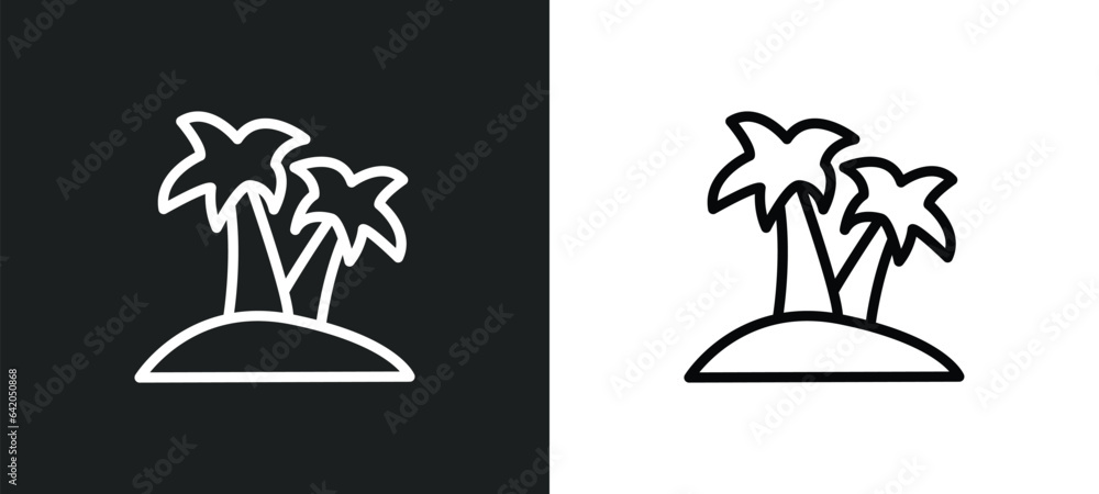 Poster island with palm trees icon isolated in white and black colors. island with palm trees outline vecto