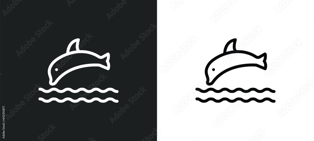 Poster jumping dolphin icon isolated in white and black colors. jumping dolphin outline vector icon from su