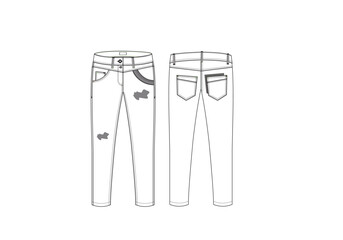 Denim Bottom flat sketch vector, Technical Fashion Illustration, front and back Unisex CAD mock-up.