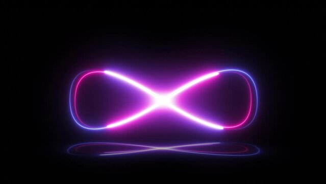 Neon style motion line icon of infinity. Abstract neon glow moving seamless loop footage. 