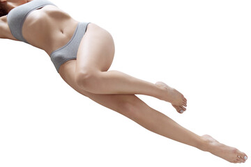 Cropped image of slender, smooth legs. Female model posing in underwear against transparent background. Depilation, epilation - obrazy, fototapety, plakaty