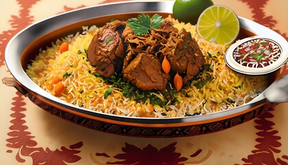mutton biryani, traditional Pakistani and Indian mutton rice dish, food, meat, meal, dinner, plate, lunch, delicious, salad, cooked, tomato, healthy, pepper, bowl