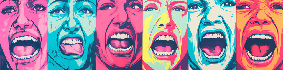 A Risograph Illustration of Exaggerated Facial Expressions Displaying Emotions