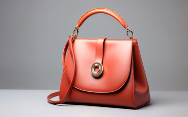Beautiful trendy smooth youth women's handbag in bright terracotta color on a gray studio background