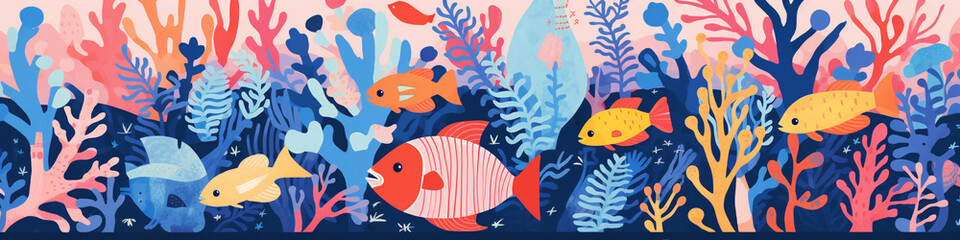 A Risograph Illustration of Exaggerated Shapes of Tropical Fish in a Coral Reef
