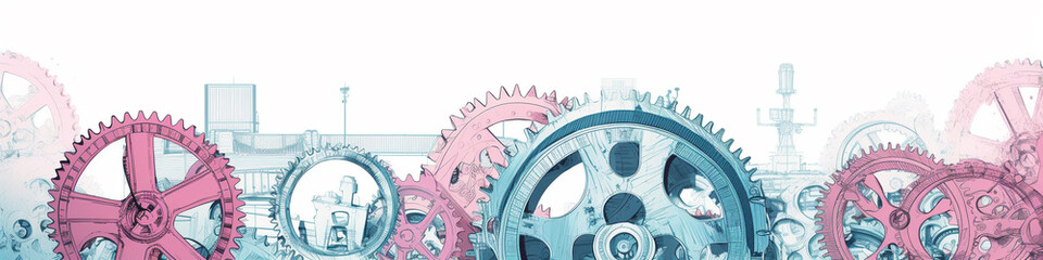 A Risograph Illustration of Oversized Gears and Cogs in a Vintage Clock Tower