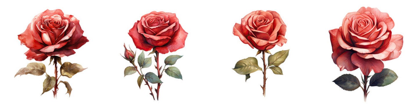 Illustration of a red rose in watercolor on a transparent background isolated
