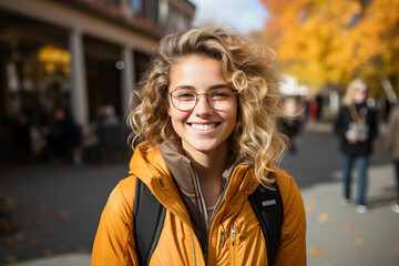 Fototapeta premium Happy and Stylish: Satisfied Woman Wearing Trendy Glasses Outdoors