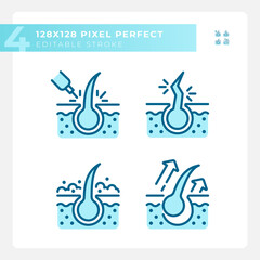 Pixel perfect blue icons set representing haircare, editable thin line monochromatic illustration.