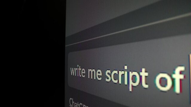 Closeup macro shot movement of coding script moving across LED screen with real-time AI-generated typing, showcasing advanced AI learning in optimization, debug and coding for software development.