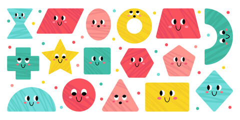 Vector cute geometric figures with face. Trendy geometric shape characters. Colorful illustration for school and kindergarten. Cute funny smiling shape characters for kids and children design.