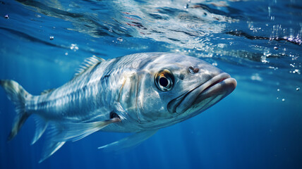 Saw fish in blue ocean - obrazy, fototapety, plakaty