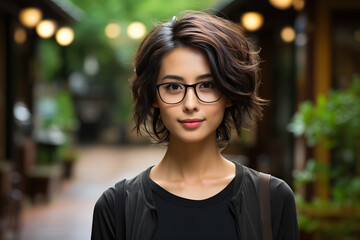 Happy and Stylish: Satisfied Woman Wearing Trendy Glasses Outdoors