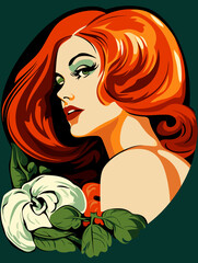 A Retro Woman With Red Hair And Flowers
