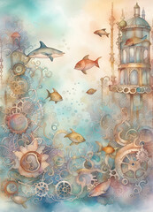 Watercolor undersea background. Jellyfish, underwater plants, fish in soft pastel. Amazing digital illustration. CG Artwork Background