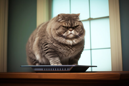 A photo of very fat cat on weight scale