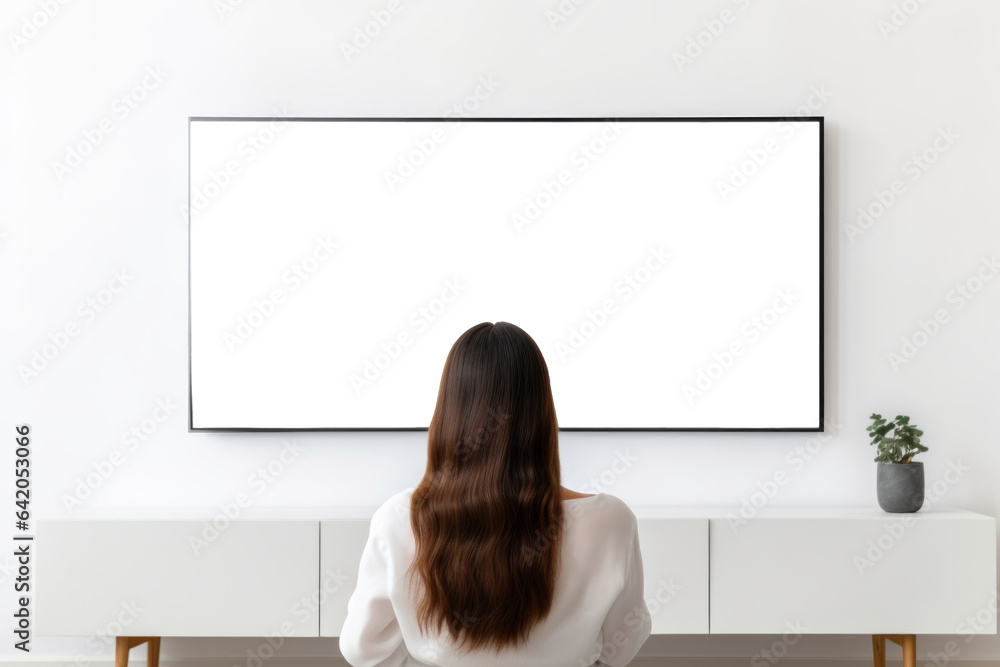 Wall mural a woman sitting in front of a large white screen or tv with space for text, graphics or logos.genera