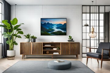 TV on cabinet in modern living room generated ai
