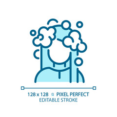 2D pixel perfect editable woman with foam hair wash blue icon, isolated vector, haircare thin line simple monochromatic illustration.