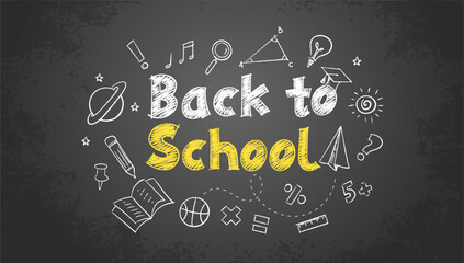 Back to school text drawing in blackboard with school elements. Vector illustration © 4zevar