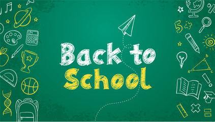 Naklejka premium Back to school text drawing in blackboard with school elements. Vector illustration