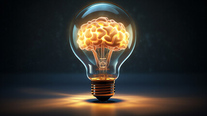 light bulb with brain inside on dark background. mixed media