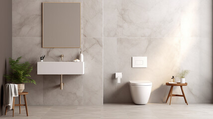 interior design of modern bathroom with gray walls, white tiled floor, sink, bathtub and two small toilet.