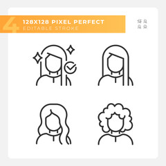 Pixel perfect thin line black icons set representing haircare, customizable illustration.