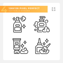 2D pixel perfect black icons pack representing haircare, customizable thin line illustration.