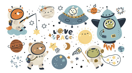 Cute cartoon baby animals in space illustration isolated white background. Space adventure baby animals. Collection of childish bear, rabbit, fox, frog astronauts on rocket, planets and stars