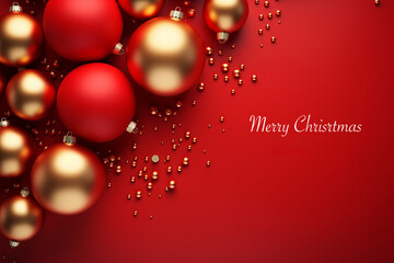 Beautiful red Christmas background with baubles on the Christmas tree or decorations with the words "Marry Christmas" and a place for text or inscription.generative ai
