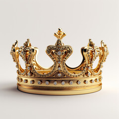 Gold royal king crown on white background, 3D rendering, ai technology